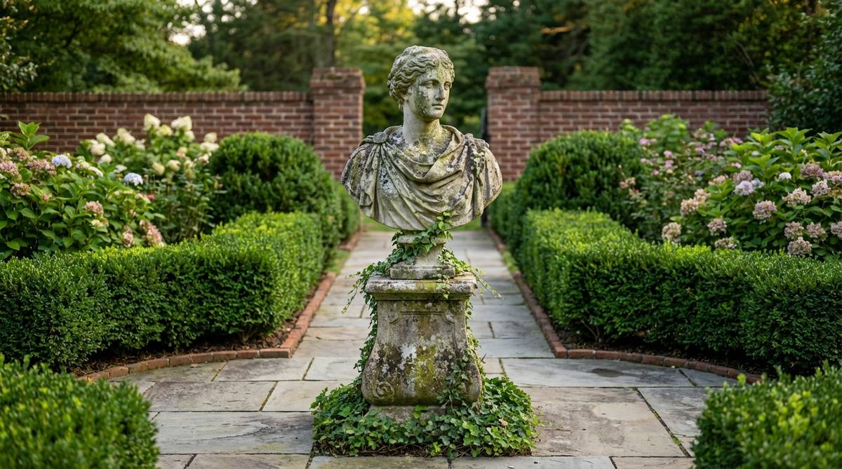 A traditional garden focal point featuring classical Greek or Roman-inspired stone statuary, possibly made of cast stone, marble, or limestone, placed at a path terminal or courtyard center in a formal garden layout. The statue shows signs of natural aging with moss and lichen growth, enhancing its timeless appearance.