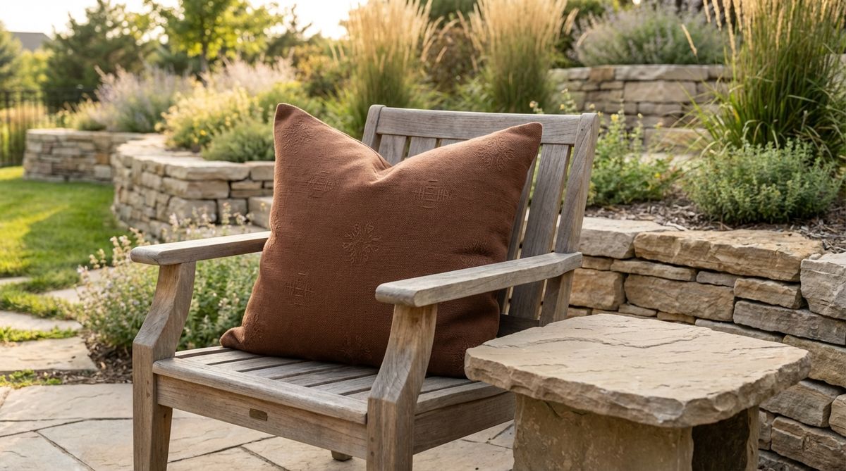 A deep clay brown boho decor pillow with tonal embroidery, offering subtle pattern and sophistication. Ideal for pairing with natural wood furniture and stone elements.
