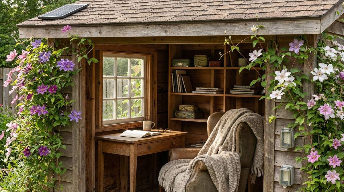 A cozy writing nook inside a garden shed, featuring a small desk by a window with natural light, comfortable seating with wool blankets, and shelves for journals and sketchbooks. The exterior is beautifully wrapped with clematis vines in various bloom times, providing continuous color from late spring through autumn. Solar-powered reading lights and weatherproof outlets enable evening use.