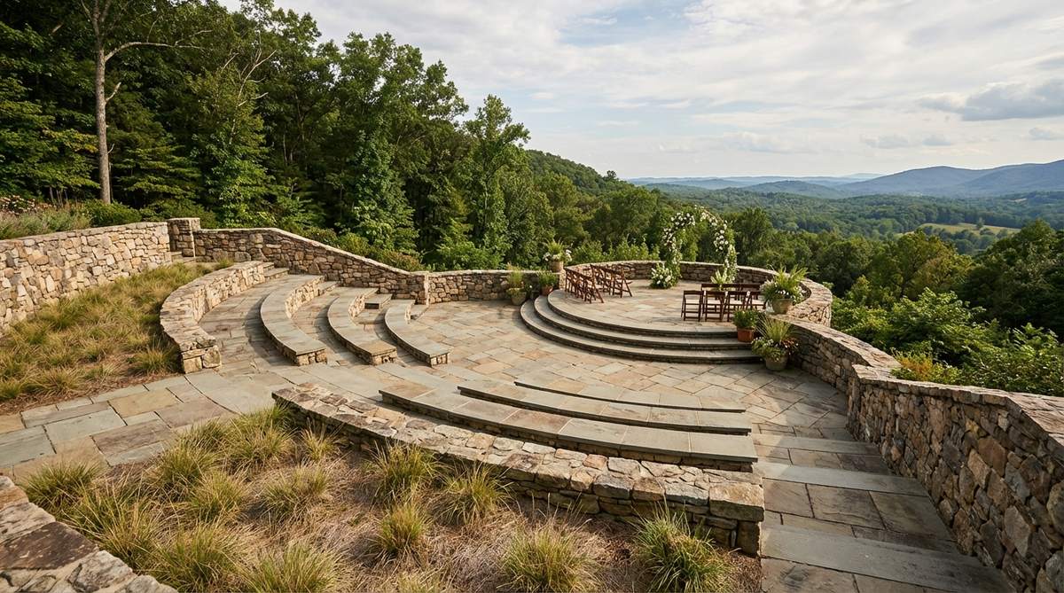 A dramatic stone terrace carved into a hillside, featuring stone walls and amphitheater-like seating for a wedding ceremony with panoramic views and elevated ceremony positioning.