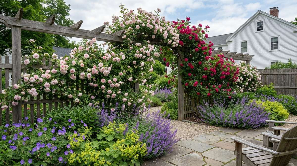 A classic cottage garden scene featuring climbing roses trained on a rustic fence or pergola, with varieties like 'New Dawn' or 'Zephirine Drouhin' in bloom. The roses are underplanted with catmint, geraniums, or lady's mantle to create a dense, romantic layered effect typical of small garden cottage designs.