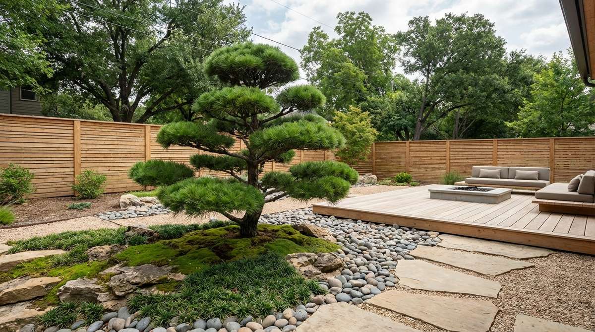 A Japanese black pine pruned using the niwaki technique into floating cloud formations, showcasing living sculpture in a modern Japanese garden setting.