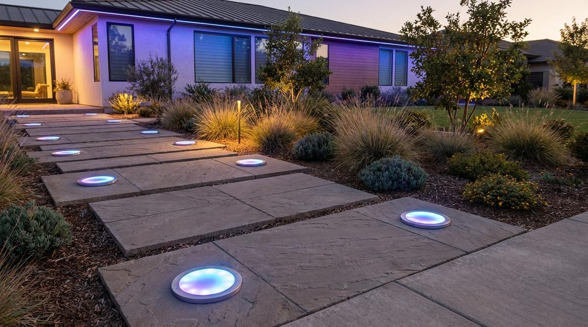 A futuristic garden pathway illuminated by flat LED disc lights installed flush with the walkway surface. The smart lighting system creates dynamic visual effects with app-controlled color transitions, synchronized with roofline and window displays for a sophisticated technological aesthetic.