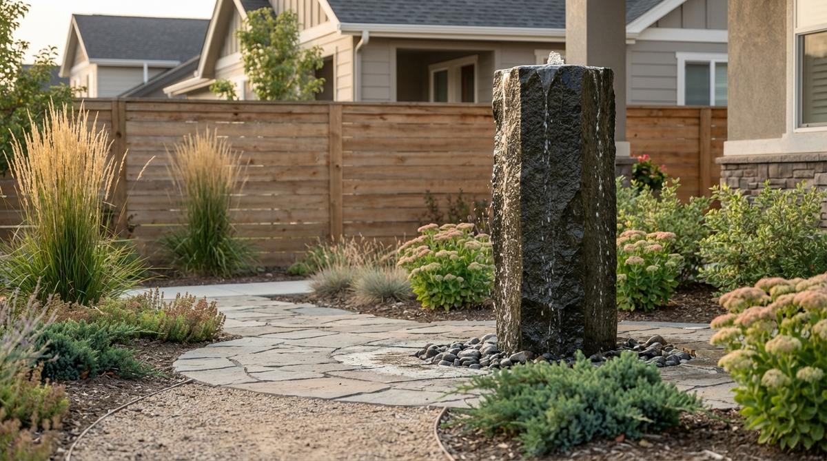 A tall, narrow column water feature with water flowing down its exterior surface, made from natural materials like basalt or granite, ideal for entry courtyards and narrow side yards in modern outdoor decor.