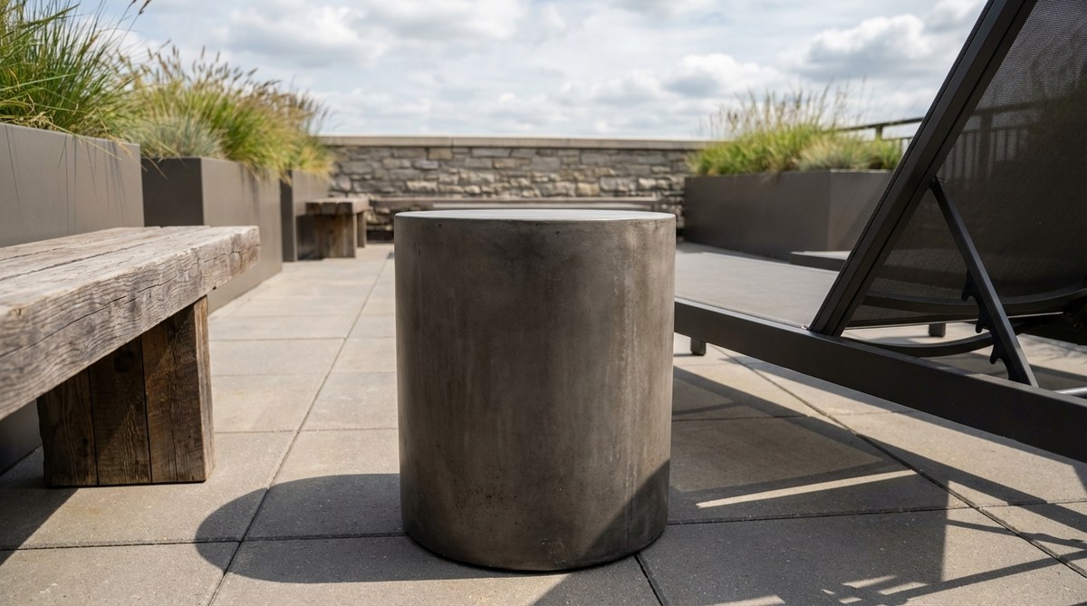 A cylindrical concrete side table with sculptural weight, featuring a neutral surface that complements metal and wood furniture. Lightweight composite construction allows for easy repositioning while maintaining stability in windy rooftop gardens. Shown in an off-white or charcoal finish that integrates with hardscape materials, with a smooth surface that wipes clean and develops subtle patina through weathering.