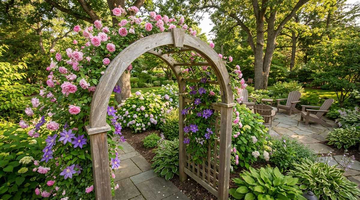 An arched trellis installed diagonally across a garden corner, creating a passageway effect with climbing roses or clematis covering the structure. This living architectural element frames views and encourages movement through small garden spaces.