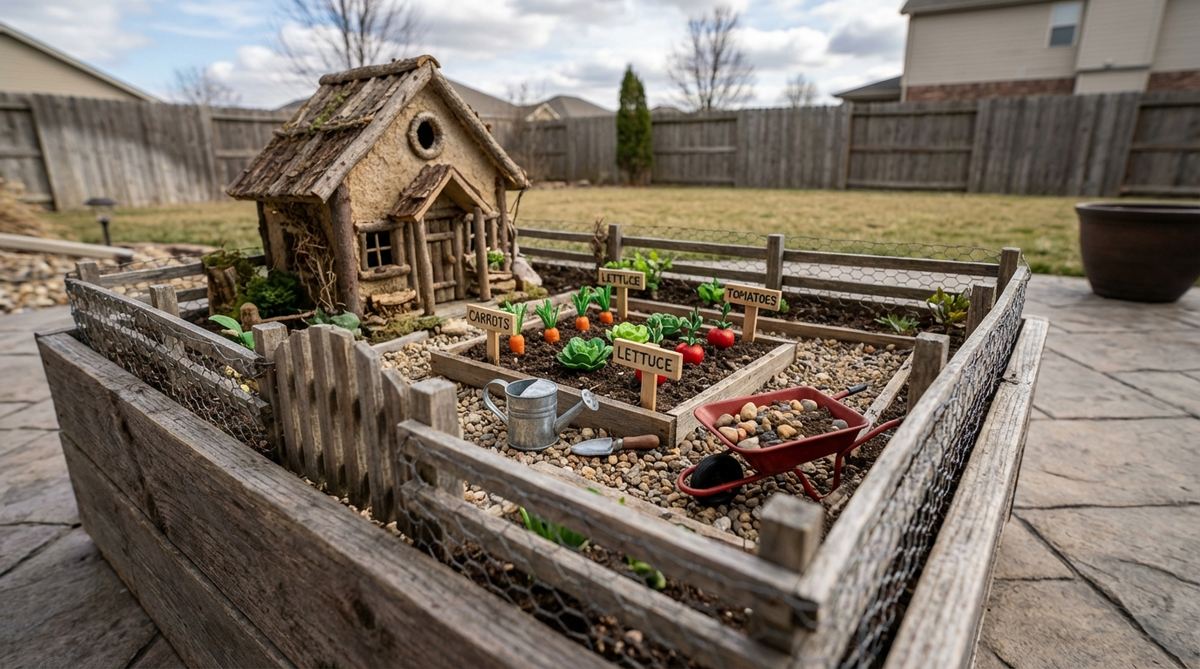 A miniature garden scene featuring a small cottage positioned at the edge of a container, with an enclosed courtyard garden. The courtyard includes a tiny vegetable garden with artificial vegetables or label markers, surrounded by fence enclosures made from wood pieces or wire. Decorative elements like a miniature watering can, garden tools, and a wheelbarrow add to the working garden theme, illustrating a story of daily life and seasonal food growing in a compact, defined outdoor space.