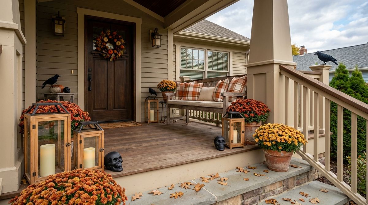 A welcoming fall porch decorated with plaid pillows, wood lanterns, and rust-colored mums, subtly accented with black Halloween elements like skulls or ravens for a seasonal twist that transitions from September through Thanksgiving.