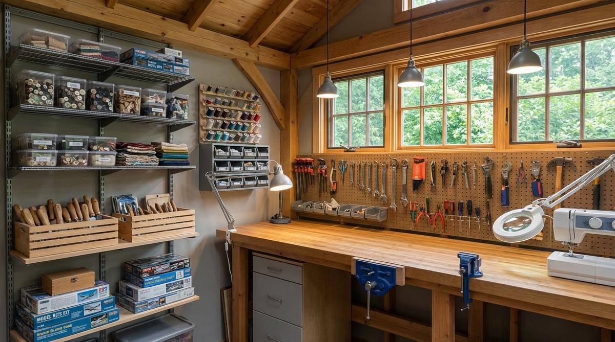 A dedicated craft workshop inside a small garden shed, featuring wall-mounted tool storage, wide work surfaces, and adjustable shelving for organizing sewing, woodworking, or model building supplies. Task lighting illuminates the workspace to reduce eye strain during detailed projects.
