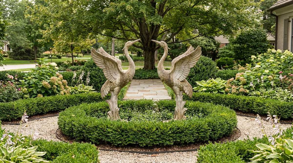 Two stone cranes facing each other in a courtship display, with arched necks and partially raised wings, symbolizing partnership and fidelity. This balanced symmetrical composition is ideal for formal garden settings, such as circular beds or flanking pathways, and complements minimalist designs with significant visual weight.