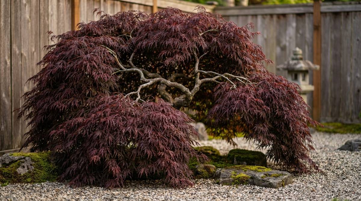 A close-up photograph of a Crimson Queen Japanese Maple specimen in a Zen garden setting, showcasing its dramatic red weeping foliage cascading to ground level against a neutral background. The image captures the plant's natural branching architecture and burgundy color that creates powerful contrast in green gardens, with the weeping form suggesting flowing water in harmony with Zen garden aesthetics.