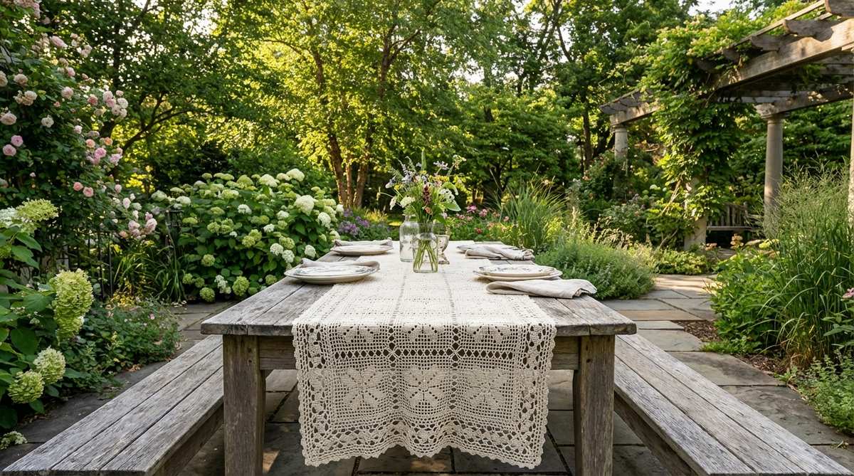A delicate vintage crochet table runner in ecru or white cotton, featuring intricate openwork patterns, placed on a rustic wood table. This heirloom-quality textile showcases fine craftsmanship, creating a romantic and boho-inspired tablescape ideal for outdoor dining or special occasions.