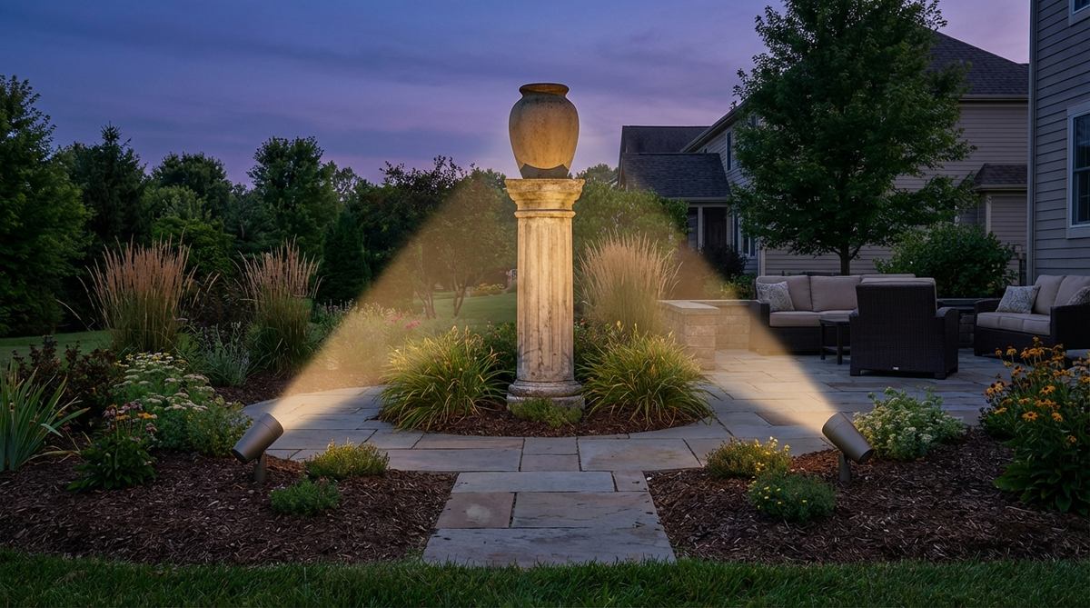 An illustration showing two modern garden spotlights positioned at opposing 45-degree angles to illuminate a central feature, such as a column or statue, with crossed beams that eliminate harsh shadows and enhance three-dimensional form, as described in the article on cross-lighting techniques.