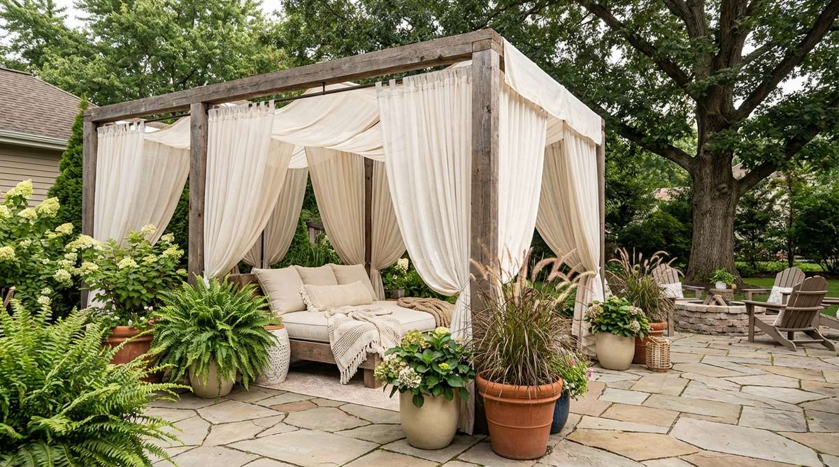 A boho-style room featuring layered sheer curtains and a fabric canopy over a bed, creating a soft, dreamy atmosphere with light control and vertical texture.