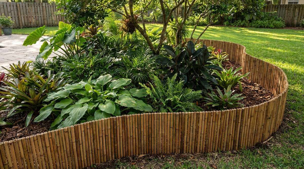 A close-up view of curved bamboo cane edging defining a tropical garden planting bed. The natural bamboo canes are staked vertically along the curved edge of a lush bed filled with tropical foliage, creating visual flow and reinforcing the tropical aesthetic with sustainable materials.