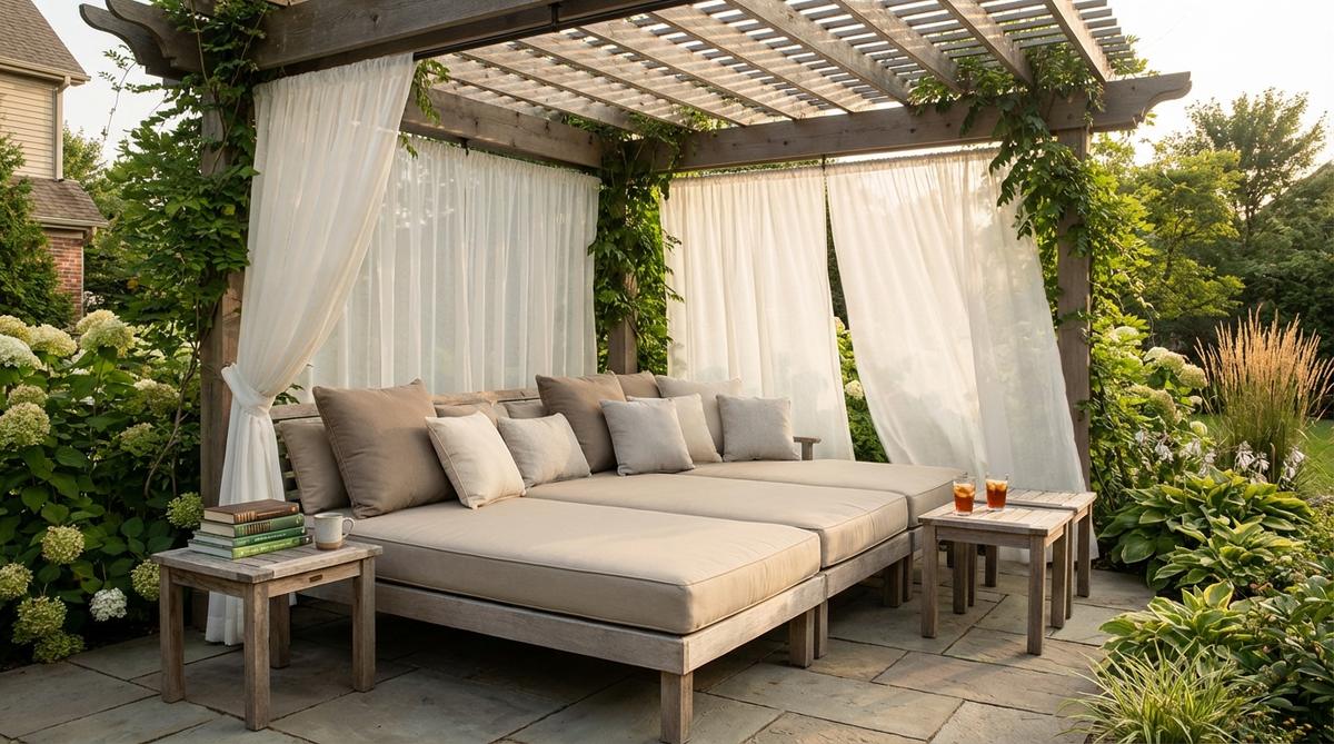 A large outdoor daybed under a pergola or shade structure, dressed with waterproof mattresses and UV-resistant cushions in neutral tones, featuring sheer curtains for privacy and airflow, with side tables for beverages and books, ideal for lounging and gatherings.