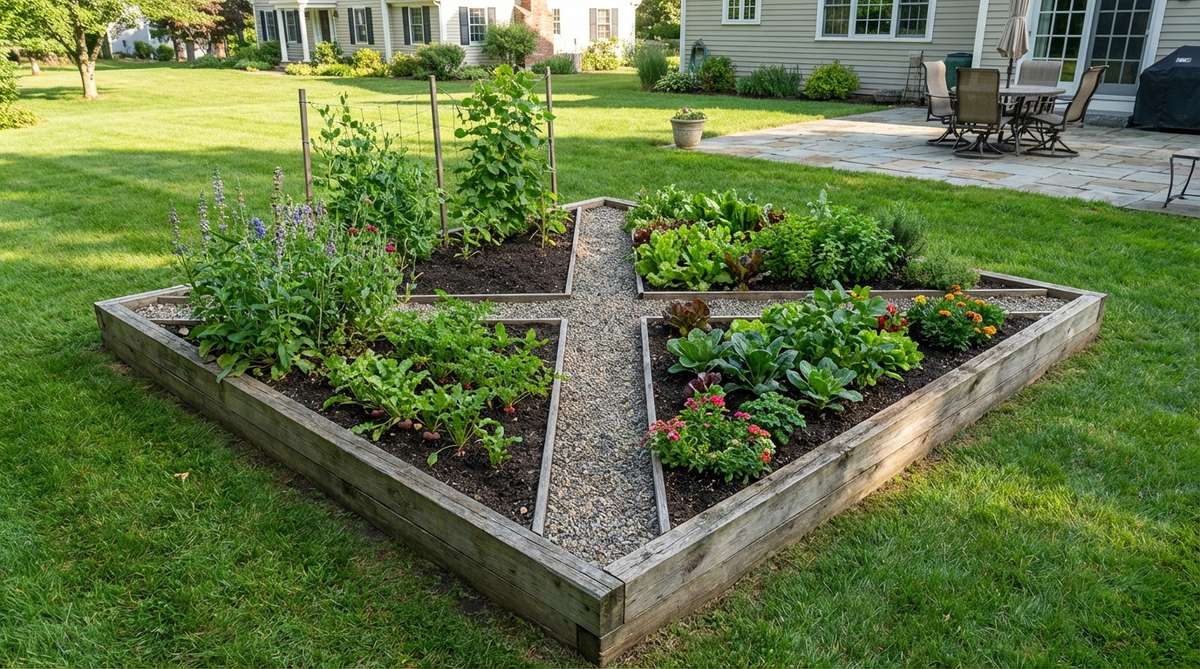 Illustration of a diamond-shaped mini garden bed rotated 45 degrees, measuring 4x4 feet, with four triangular planting zones divided by crossing paths. The diagram shows optimal sun exposure and wind protection for different plant types in a compact gardening setup.
