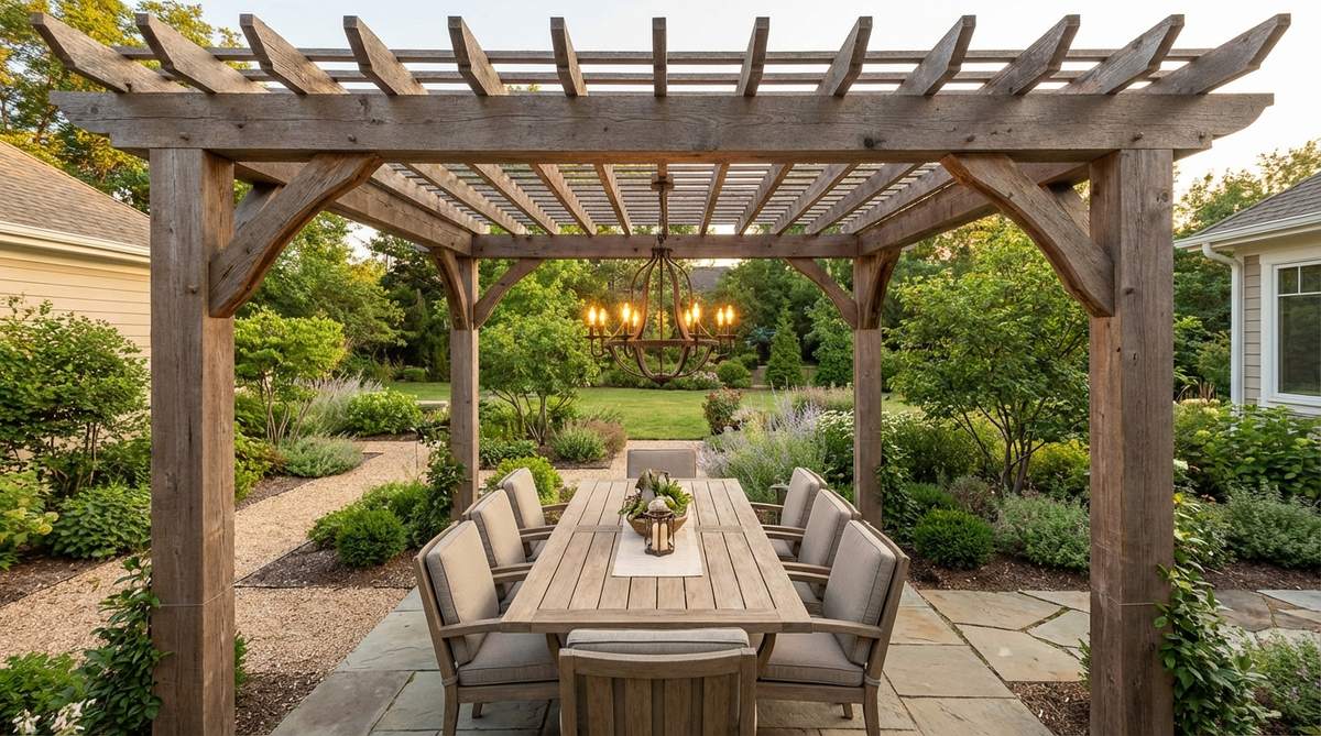 A small garden pergola designed for outdoor dining, featuring a hanging chandelier for evening ambiance. The structure is sized to accommodate a dining table with ample clearance, creating an elegant entertainment space with dimmable lighting options.