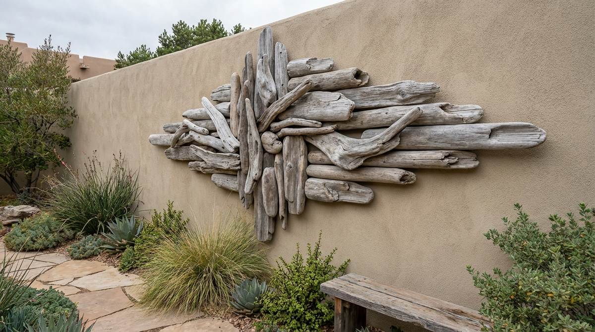 A weathered driftwood assemblage wall sculpture featuring natural wood pieces with smoothed curves and silvered tones, mounted asymmetrically to create three-dimensional relief on an outdoor wall.