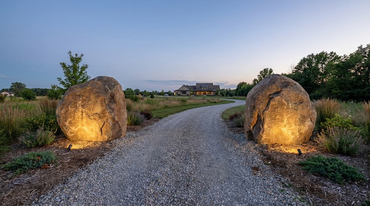 Two large matched boulders flanking a driveway entrance, creating a welcoming threshold for a rural property. The boulders are approximately 3-4 feet in diameter with complementary shapes and earthy tones, positioned to visually narrow the entrance without impeding vehicle access. Ground spotlights illuminate the boulders for nighttime visibility, enhancing both safety and aesthetic appeal in an outdoor decor setting.