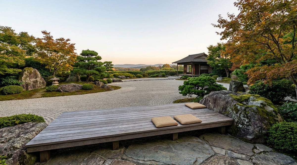 A permanent bench or platform installed at the designer's specified vantage point in a Japanese Zen garden, positioned so the seat height aligns eyes with the horizon line of raked gravel patterns. The wider bench accommodates side-by-side sitting for shared contemplative experiences, maintaining the singular perspective essential for the garden's compositional integrity.