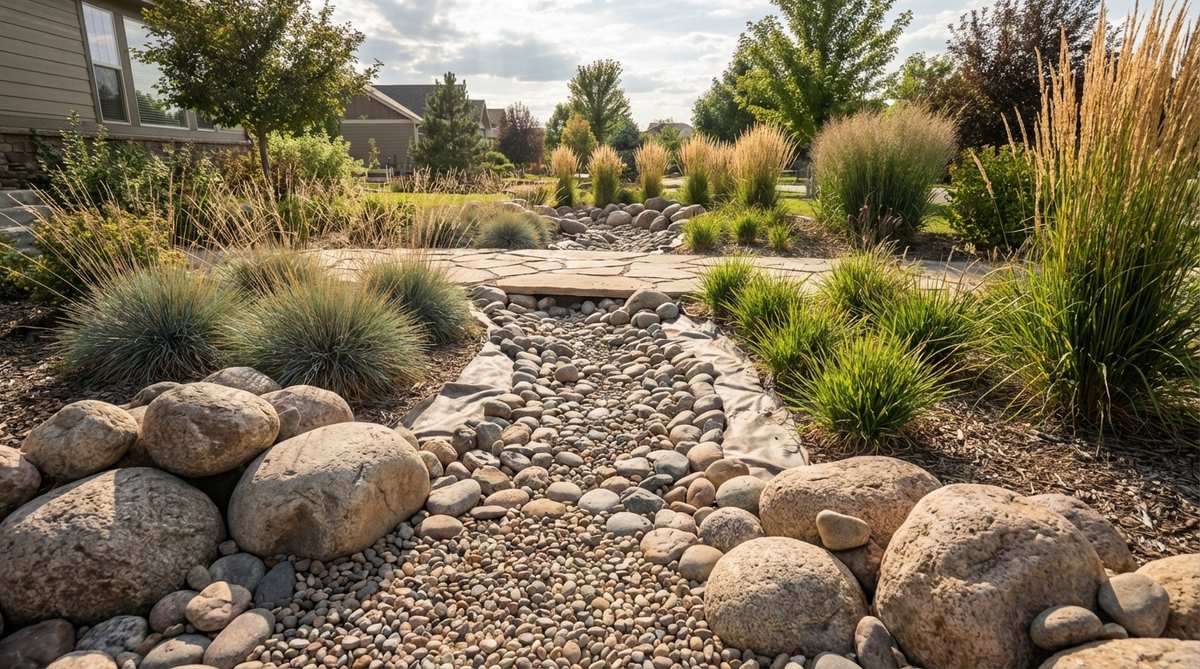 A decorative dry stream bed constructed with river rocks for drainage management and visual movement, mimicking seasonal watercourses in Mediterranean climates. Shows a shallow meandering channel lined with landscape fabric and filled with graduated stone sizes from boulders to pea gravel, with drought-tolerant grasses and sedges planted along the banks.