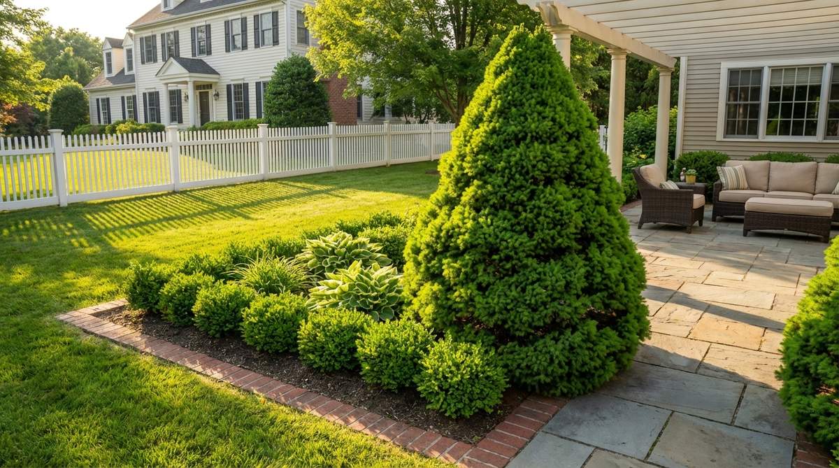 A mature Dwarf Alberta Spruce tree with its characteristic tight conical form and bright green needles, positioned in a formal garden setting. The tree is shown in full sun with afternoon shade, highlighting its suitability for entryways or formal garden rooms. The image captures the tree's slow growth habit and minimal maintenance needs, emphasizing its preference for cool climates.