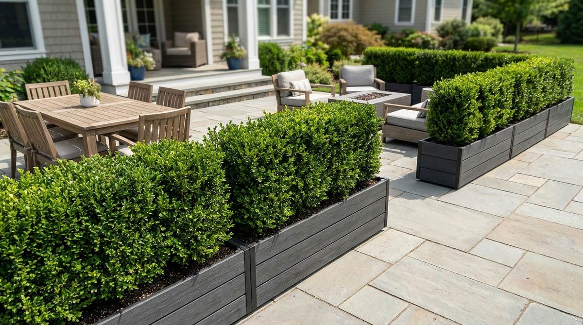 Narrow rectangular planters measuring 12 inches wide by 50 inches long, used as portable walls to separate dining and lounging zones on patios. Filled with privacy hedges like boxwood or euonymus for living screens, maximizing planting area while minimizing floor space consumption.