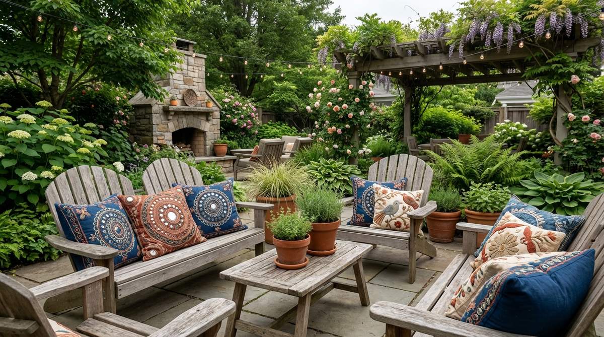 Handcrafted embroidered pillows featuring mirror work, chain stitch, and appliqué techniques in a bohemian garden setting. These decorative pillows showcase intricate textile artistry with tactile embellishments that invite touch and complement Indian and Middle Eastern embroidery styles.