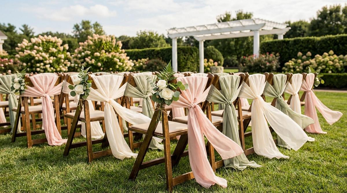 A close-up image of chiffon or organza sashes tied to ceremony chairs in an outdoor wedding setting, showcasing soft linear decoration in ceremony colors. The flowing fabric adds movement and texture, with small floral clusters or greenery sprigs attached to alternating sashes for subtle detail. This decor adapts to both formal and casual outdoor weddings and photographs effectively with a breeze, enhancing ceremony documentation.