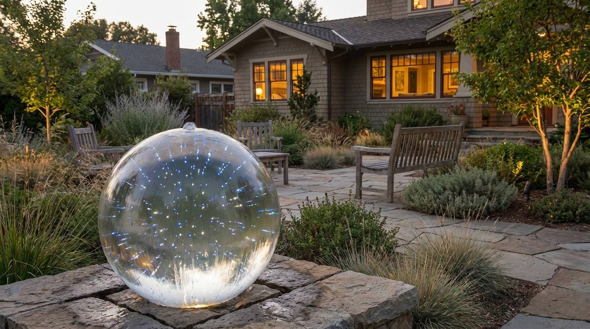 A translucent sphere with embedded fiber optic strands creating pinpoint starlight effects, illuminated internally with ethereal lighting. Water flows externally around the sphere, enhancing the starlight pattern visible day and night, ideal for meditation gardens or contemplative spaces. The design uses minimal heat fiber optic systems in acrylic or resin spheres, offering depth perception and peaceful ambiance.