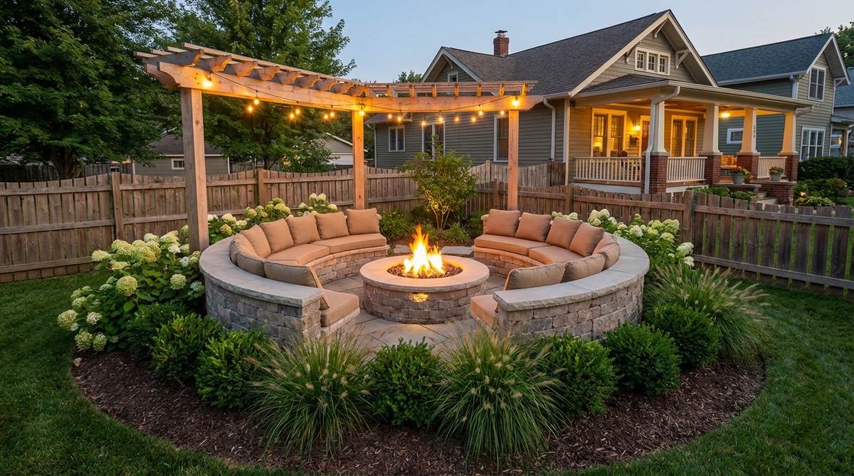 A circular seating arrangement around a fire pit in a small backyard garden, creating a cozy conversation area with warm lighting and stone surrounds for extended outdoor use.