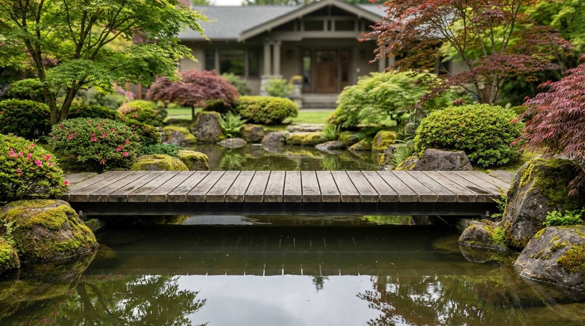 A low-profile floating deck bridge hovering just inches above water in a Japanese garden, creating an illusion of walking on the surface with minimal vertical clearance for intimate aquatic observation.