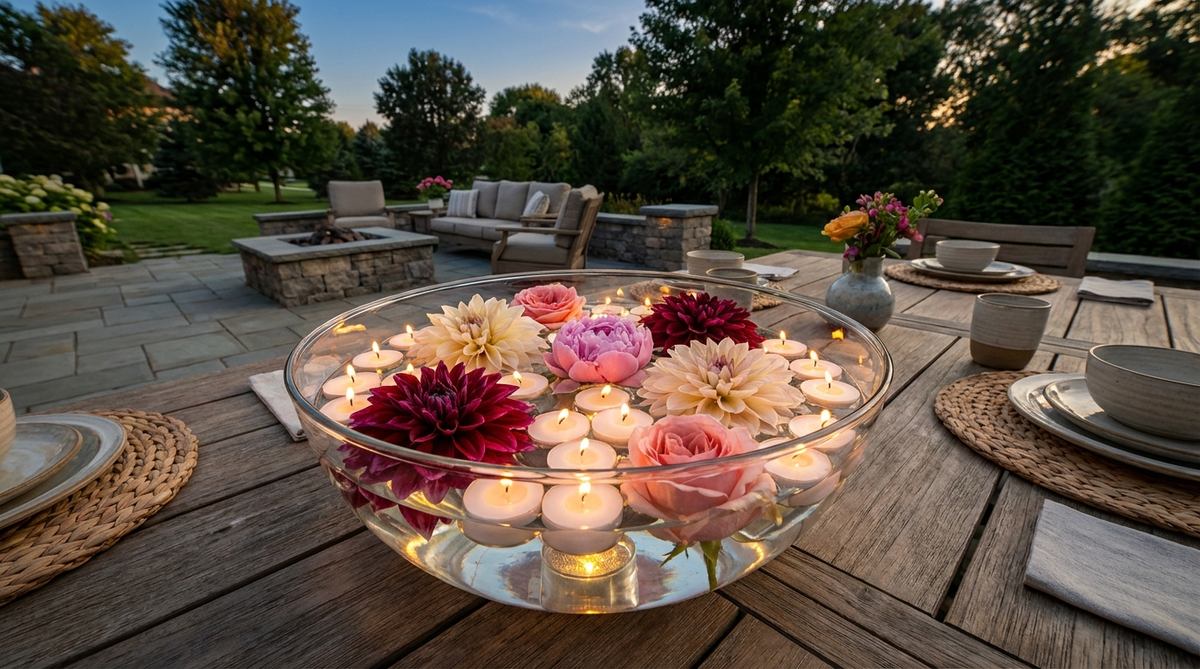 A glass bowl filled with water, floating seasonal flowers like dahlias, peonies, and roses, along with tea lights or submerged LED lights, creating an elegant low-profile centerpiece for outdoor party decor that maintains cross-table sight lines and glows in the evening.