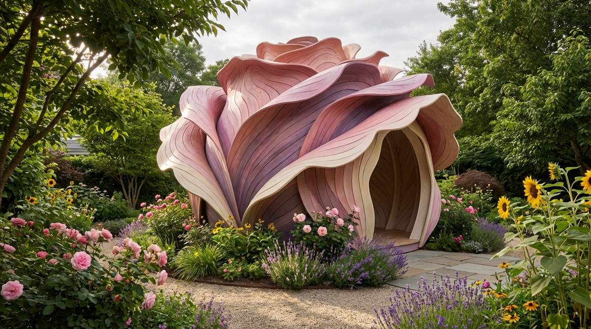 A mini garden shed designed as a flower petal pavilion, featuring layered sculpted petals in rose or dahlia formation with organic curves and natural color gradients. This botanical architecture resembles a giant blossom, ideal for flower-focused gardens to coordinate with planting palettes like pink for roses, purple for lavender, or yellow for sunflowers. Best used as a seasonal accent piece in sheltered areas away from heavy rain or strong winds.