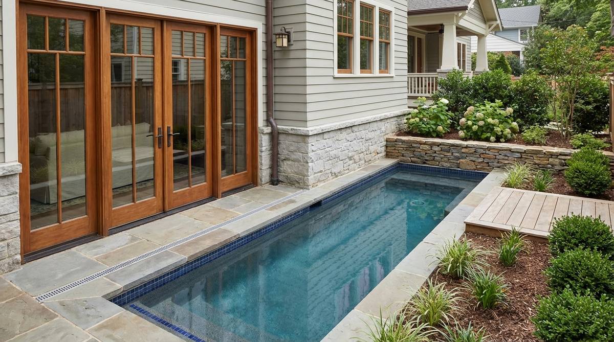 A narrow plunge pool (6x12 feet) installed directly adjacent to a home's foundation wall, maximizing water volume in a small garden. The design minimizes excavated area, with proper waterproofing and drainage to prevent moisture issues. The pool's proximity allows convenient access from indoor spaces via French doors, enhancing water views and expanding usable square footage.