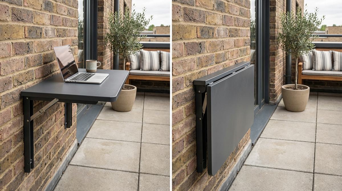 A folding wall-mounted table installed on an urban balcony, showing the drop-leaf design that folds flat against the wall when not in use. The table surface is shown in use as a workspace with a laptop, demonstrating its 20x30 inch surface area. Heavy-duty steel brackets are visible, securely mounted to the wall, with locking hinges engaged. The powder-coated metal top resists weather elements while complementing modern balcony architecture. The table is shown in both folded and extended positions to illustrate its space-saving functionality for small urban balconies.