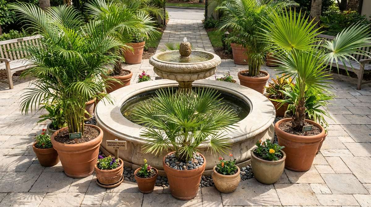 A central fountain surrounded by container-grown palms in a courtyard, showcasing tropical garden design with portable pots for seasonal flexibility and drainage tips.