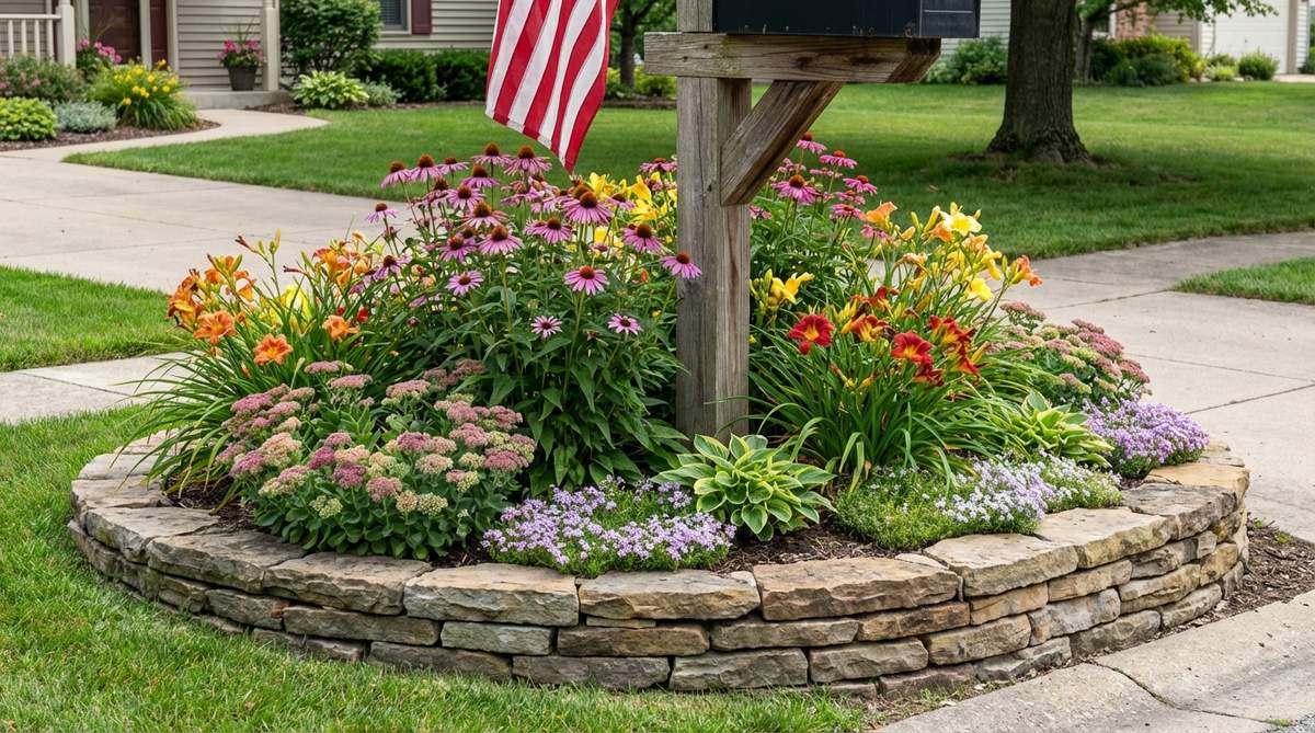 A circular raised bed wraps around a mailbox post, featuring coneflowers, lilies, and low fillers. The bed is edged with stacked stone or brick, with taller perennials near the center and shorter plants toward the outer edge. This small garden bed idea creates a colorful welcome at the curb with layered bloom times for year-round interest.