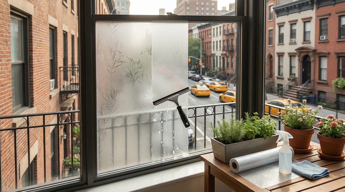Self-adhesive frosted glass film applied to a New York City balcony window, providing privacy while maintaining natural light. Shows a squeegee tool eliminating air bubbles during installation, with decorative etched patterns visible.