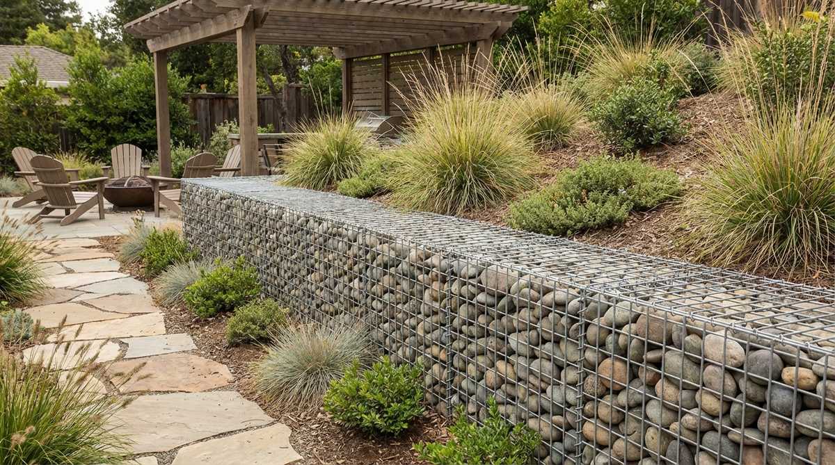 A modern gabion retaining wall constructed with wire cages filled with uniform-sized local stone, providing structural support and water drainage in a contemporary garden design.