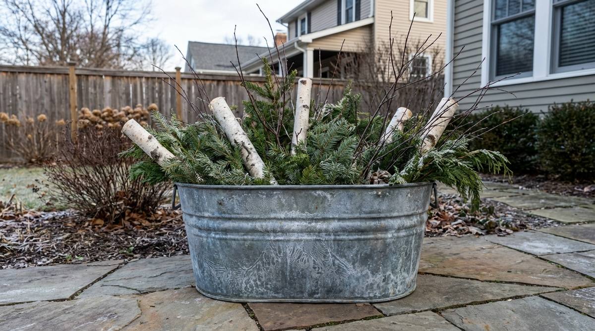 A weathered galvanized metal tub or bucket filled with evergreen branches, birch logs, or bare branches, creating an industrial-rustic vignette for outdoor winter decor. The metal surface shows frost patterns that add visual interest on cold mornings. Suitable for use with live plantings (with drainage holes) or anchored arrangements using floral foam or sand.
