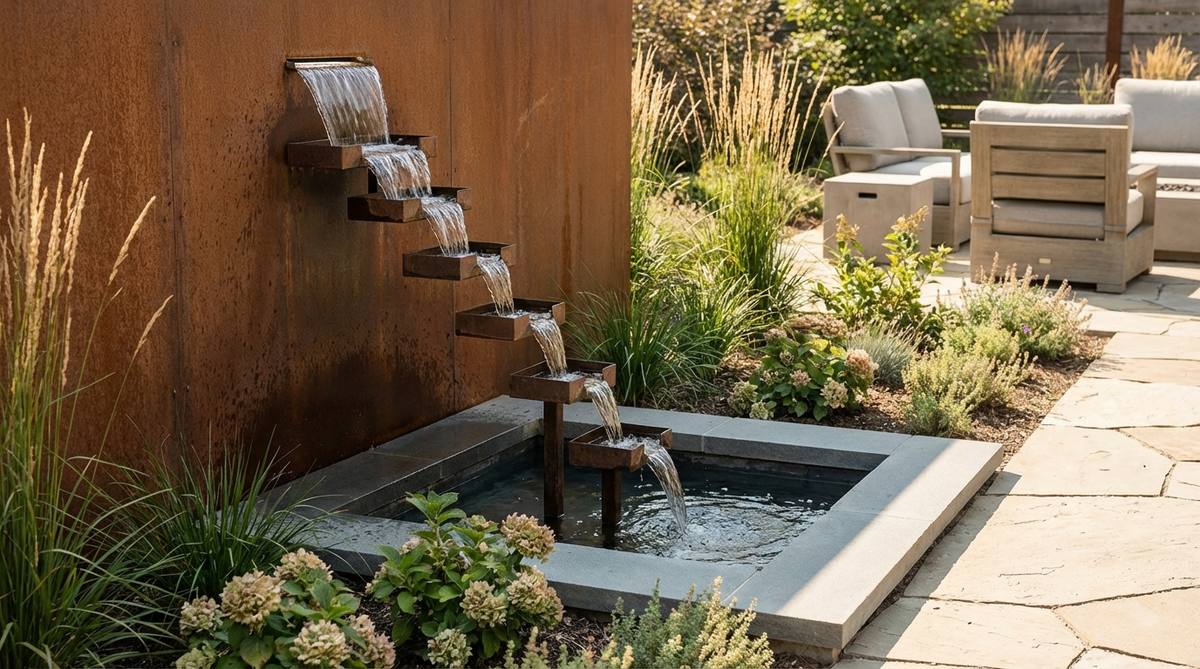 A modern garden fountain featuring the Geometric Scupper Series, with multiple rectangular scuppers projecting from a vertical surface at regular intervals. Each scupper releases water into the one below, creating a stepped cascade down the wall face. The design showcases repeated geometry that influences both visual rhythm and acoustic character, with closer spacing producing continuous sound and wider gaps creating distinct individual splashes.