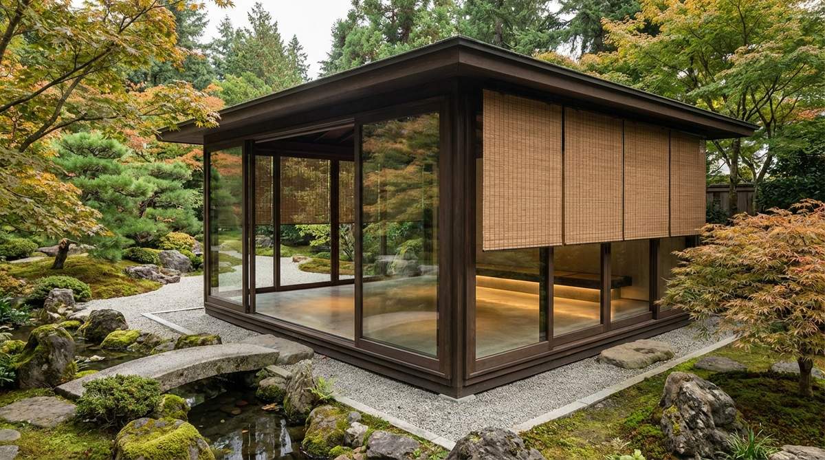 A modern minimalist tea pavilion with floor-to-ceiling glass panels, offering uninterrupted views of a Japanese garden, featuring automated shade screens and heated floors for comfort and energy efficiency.