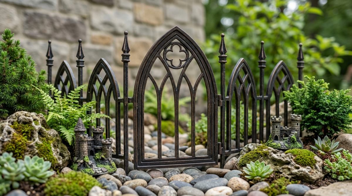 A mini garden fence section featuring Gothic pointed arch panels, showcasing medieval castle aesthetics with dark finishes like black, bronze, or deep brown. Ideal for terrarium designs with fantasy themes, stone substrates, and miniature castle accessories.