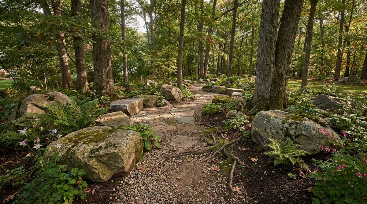 A naturalistic woodland path made of crushed stone with large boulders placed at intervals, serving as seating or way markers, ideal for informal stone garden designs that accommodate tree roots and enhance viewpoints.