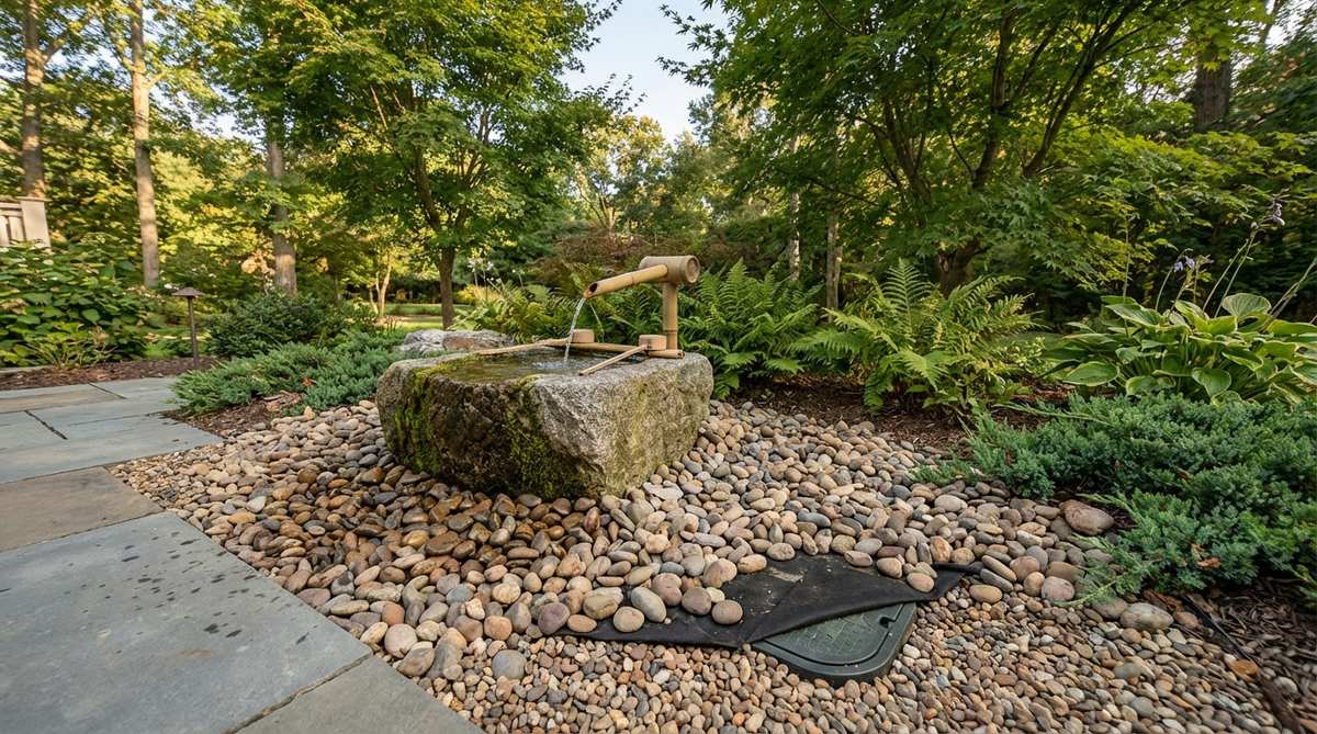 A Japanese garden water feature showing a stone basin surrounded by a field of smooth pebbles that drain overflow water. The gravel sea creates textural contrast with the solid basin, with landscape fabric and concealed reservoir underneath for water recirculation.