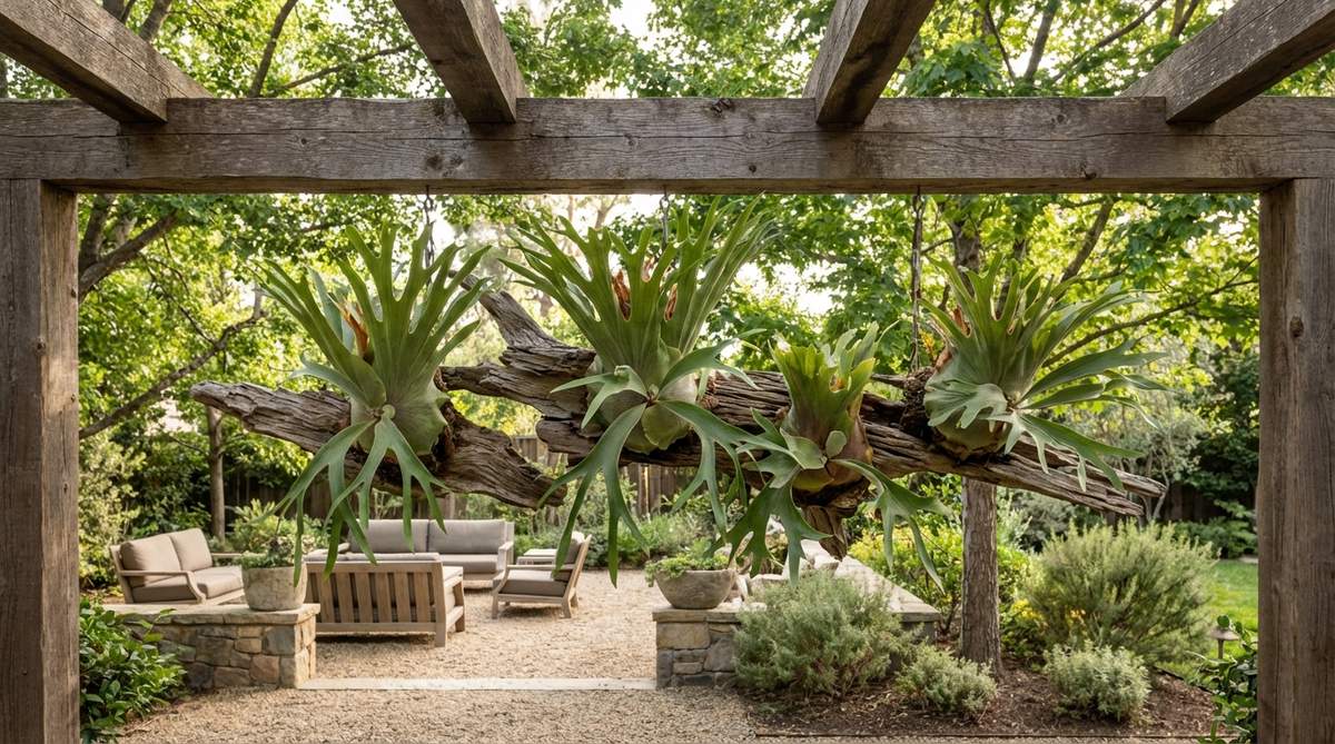 A sculptural display of staghorn ferns mounted on driftwood, hanging from a pergola or tree branch in filtered shade, showcasing their antler-shaped fronds in a low-maintenance outdoor decor setting.