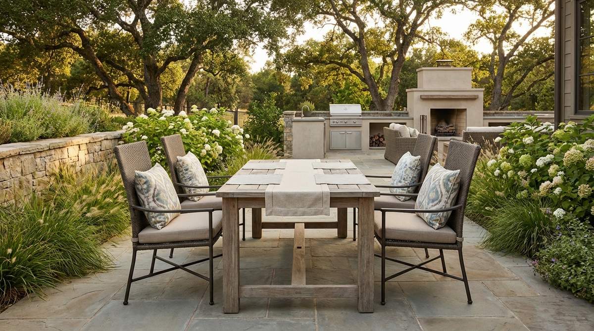 A contemporary garden setting featuring high-back cushioned chairs with slim arms and ergonomic design, paired with a sturdy rectangular table. The chairs use outdoor-ready fabrics and quick-dry foam cushions for comfort during extended dinners, with neutral tones complemented by patterned pillows and table linens.