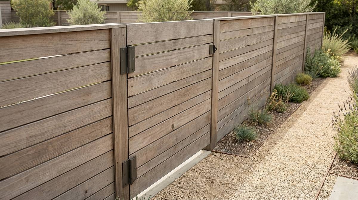 A contemporary garden fence gate featuring horizontal slats that seamlessly continue the fence pattern, with a concealed magnetic latch for a streamlined appearance. The gate includes self-closing hinges and a reinforced frame to prevent sagging, ensuring precise alignment with adjacent fencing for a cohesive visual flow.